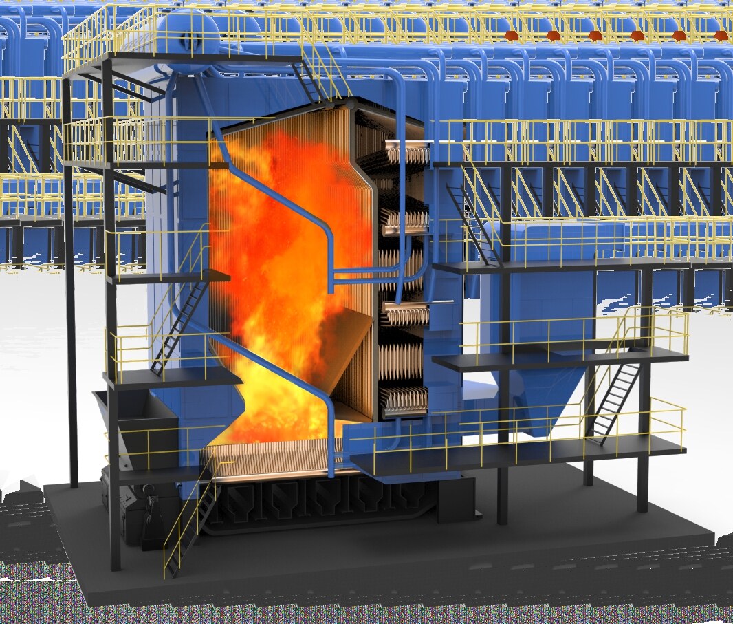 Biomass boiler cutaway showing chain-grate combustion and tube bank
